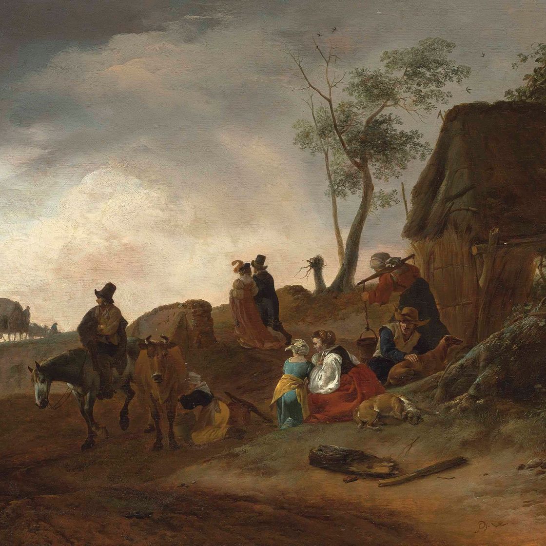 Philips Wouwerman — Лесистый пейзаж с путешественником верхом на лошади, молочницей и крестьянами у коттеджа, элегантной парой и каретой за домом.