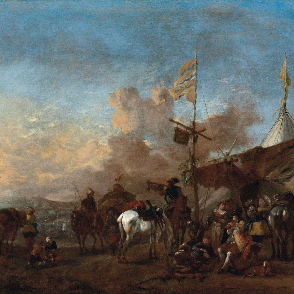 Philips Wouwerman — Солдаты и другие фигуры у палатки маркитанта, поле битвы за ним