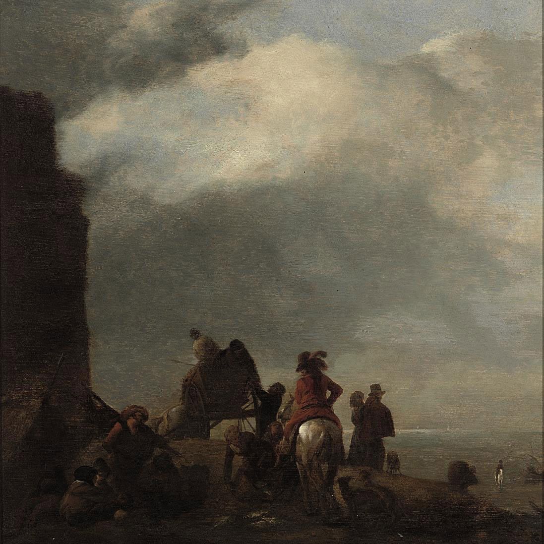 Philips Wouwerman — Прибрежный пейзаж с джентльменом верхом на лошади и крестьянами на берегу