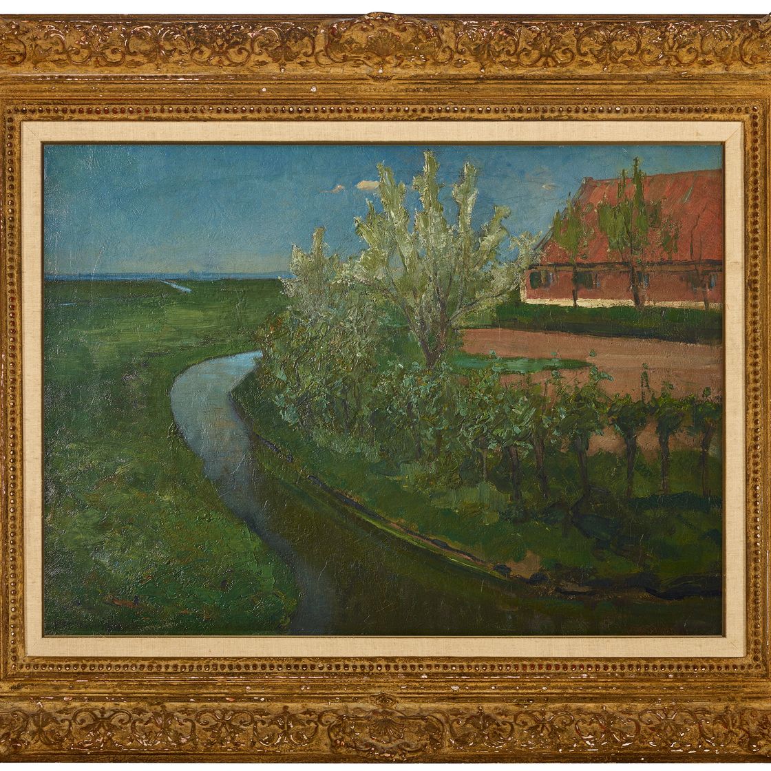 Piet Mondrian — Общая ирригационная система грензенд-ан-беренерф-мет-Блойенде-бомен (Изогнутая ирригационная канава, окаймляющая фермерский двор с цветущими деревьями), изображение 3