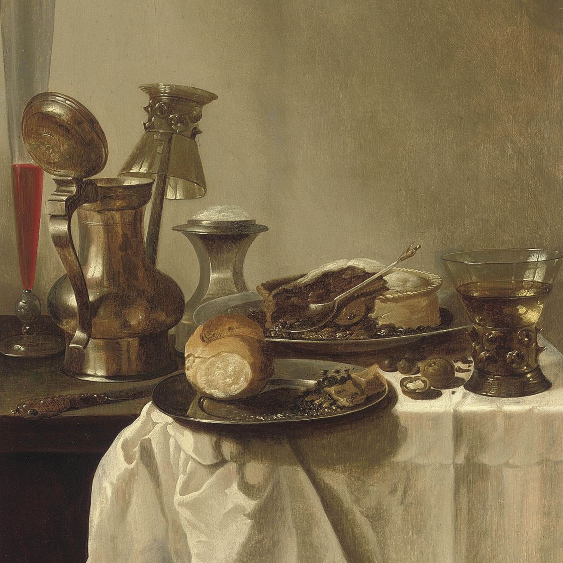 Pieter Claesz — Оловянный кувшин с перевернутым ремером, бокал с вином в венецианском стиле и пирог на оловянном блюде на частично задрапированном столе