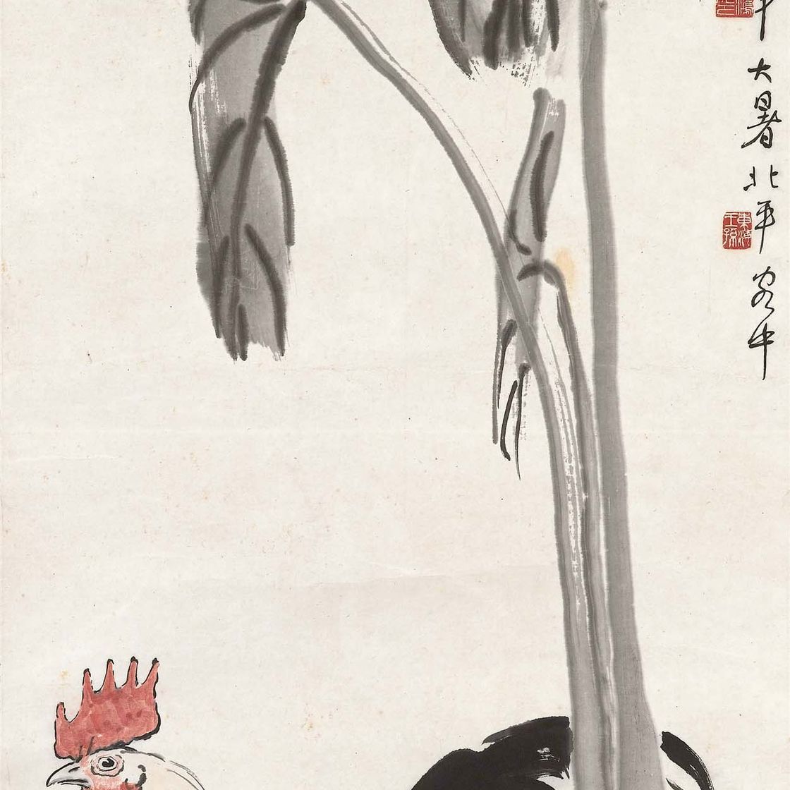 Qi Baishi — Петух и листья Таро