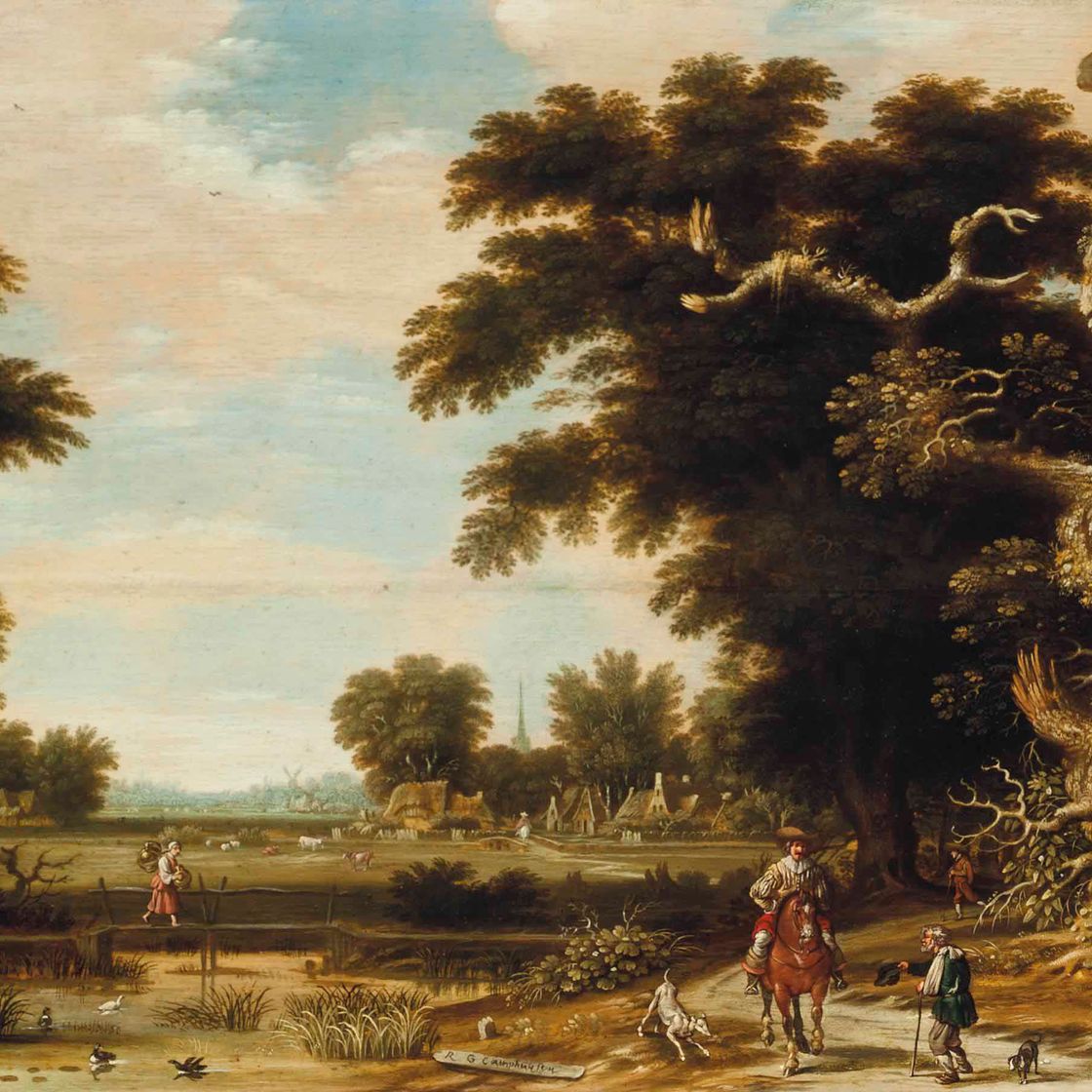 Raphael — An extensive wooded river landscape with a horseman on a track, a village beyond