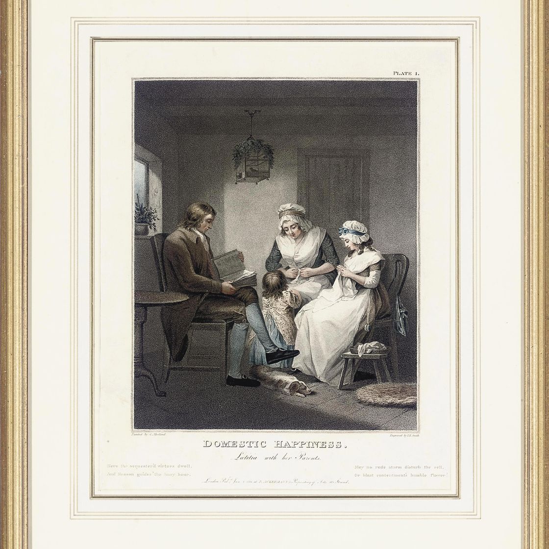Raphael — Domestic Happyness, Laetitia with her Parents; The Elopement, Laetita seduced from her friends under a promise of marriage; The Virtuous Parent, Laetitia endeavours in vain by presents to reconcile her parents; Dressing for the Masquerade, Laetitia flies from reflection to public entertainments; The Tavern Door, Laetitia deserted by her seducer is thrown on the town; and The Fair Penitent, Laetitia in penitence finds relief & protection from her parents