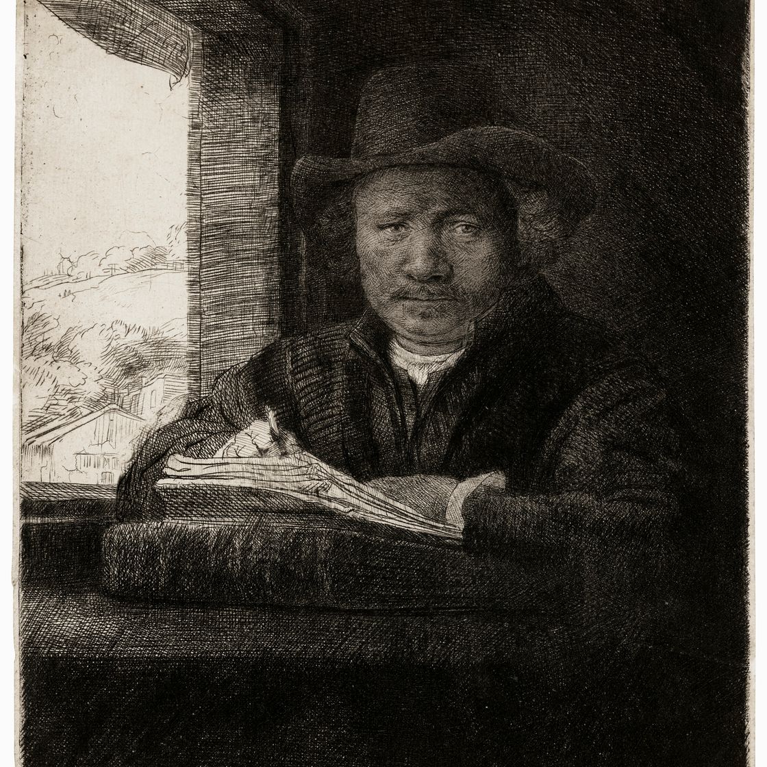 Rembrandt van Rijn — Гравюра с автопортретом у окна, изображение 1
