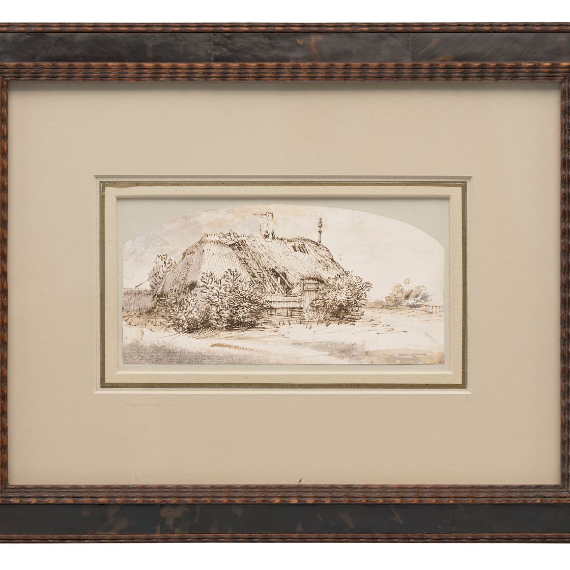 Rembrandt van Rijn — Разрушенный коттедж с соломенной крышей, заросший кустарником, изображение 2