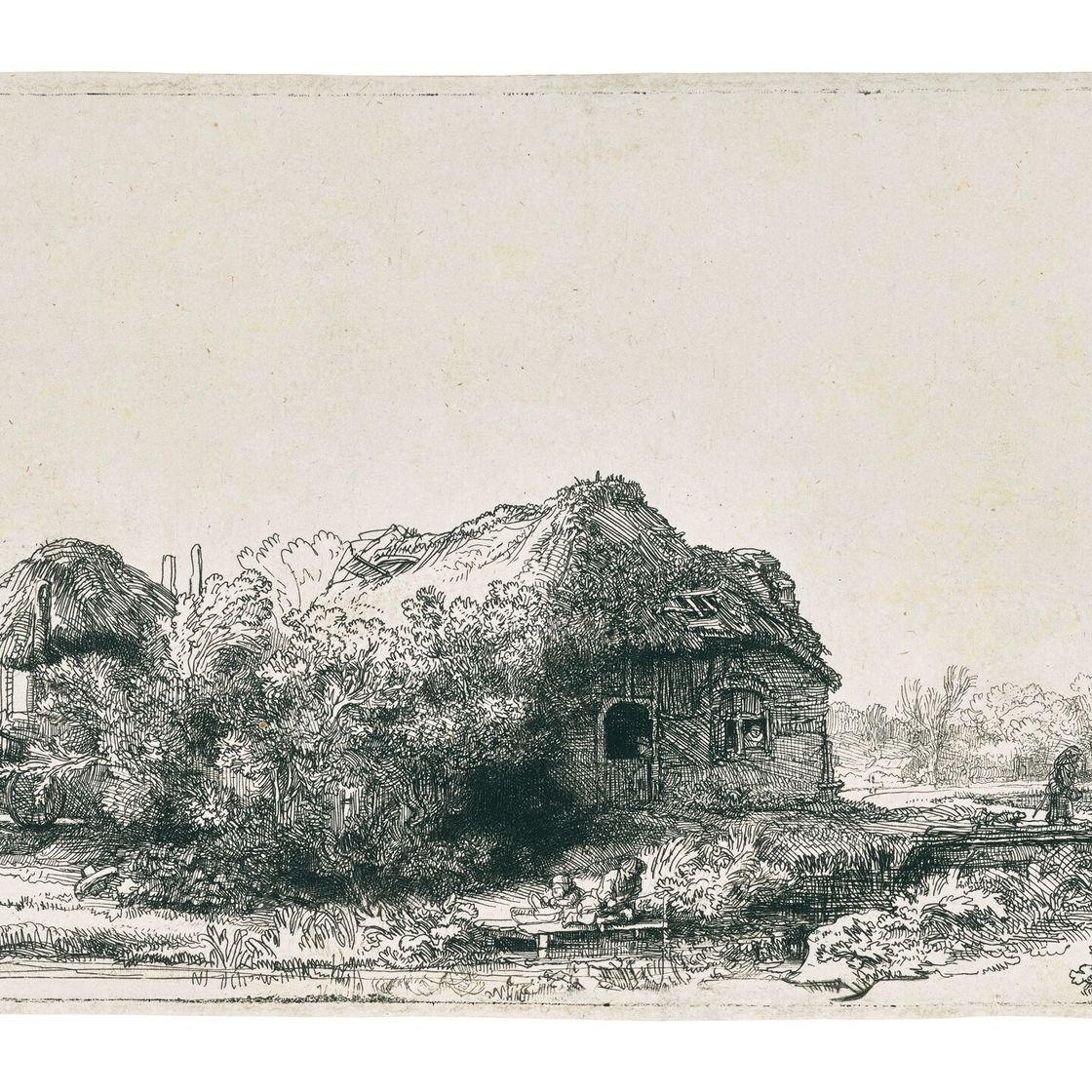 Rembrandt van Rijn — Пейзаж с коттеджами и сараем для сена: Продолговатый
