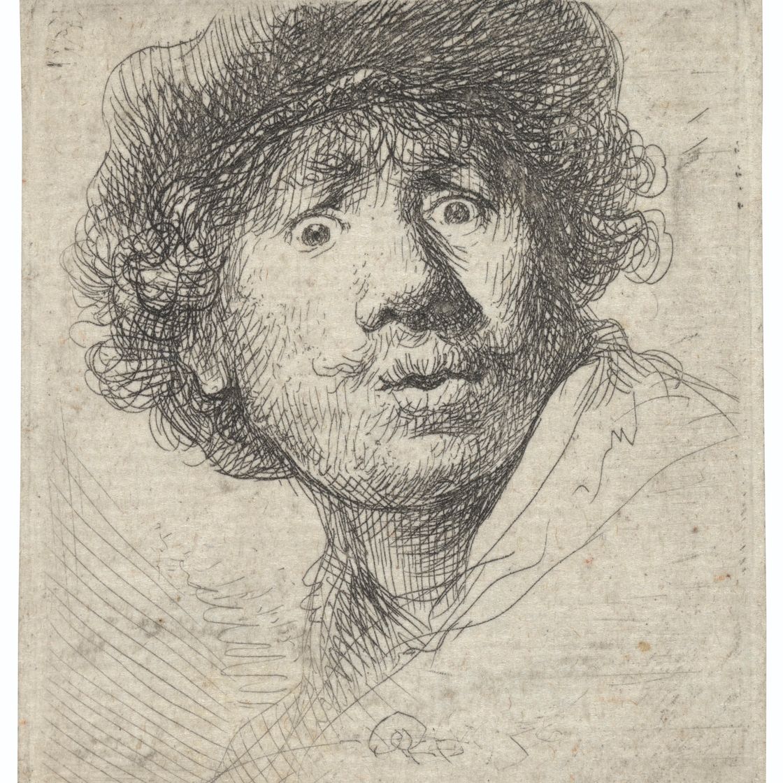 Rembrandt van Rijn — Автопортрет в кепке, с широко раскрытыми глазами и открытым ртом