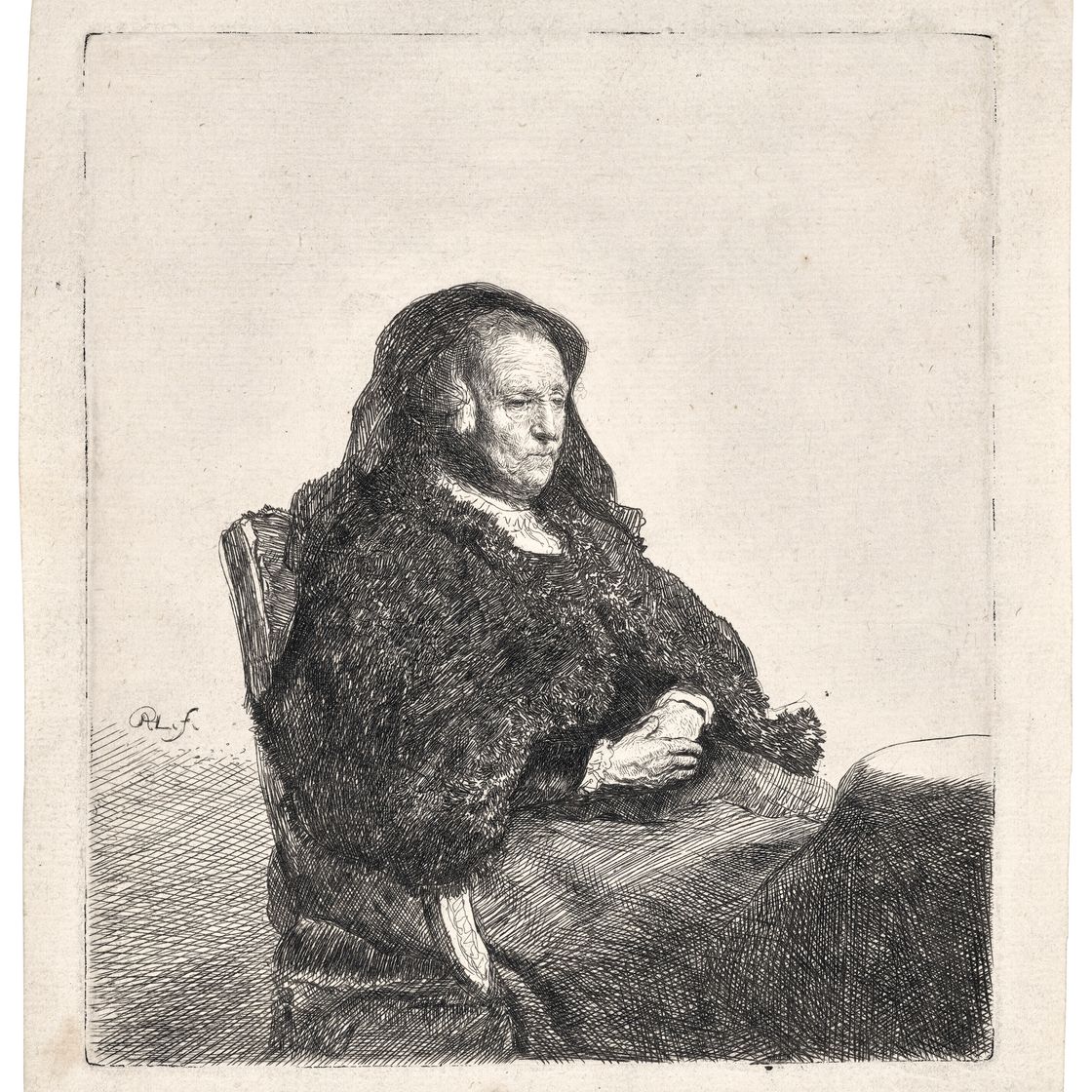 Rembrandt van Rijn — Мать художника сидит за столом, глядя направо: три четверти длины