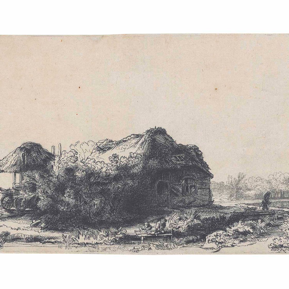 Rembrandt van Rijn — Пейзаж с коттеджами и сараем для сена: Продолговатый
