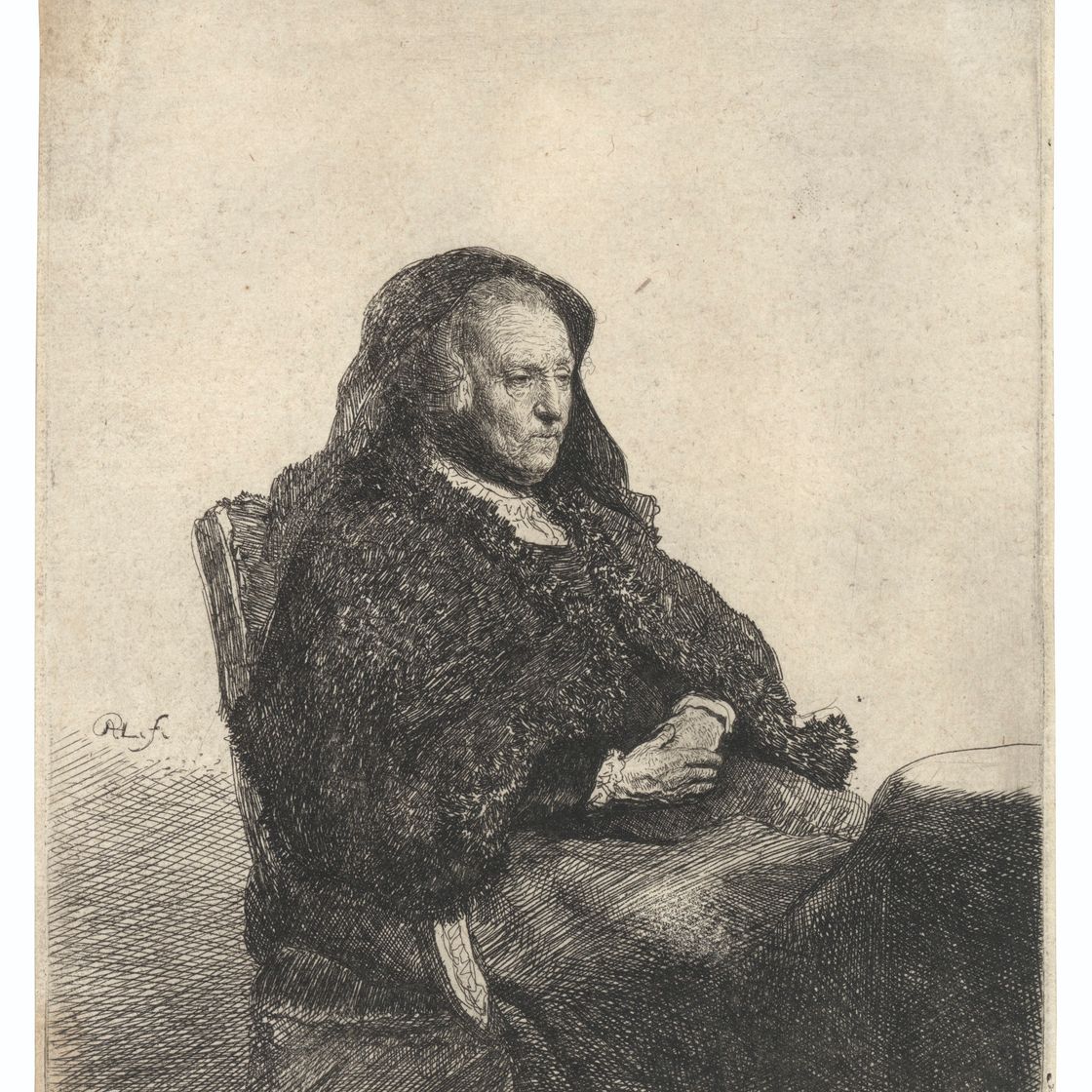 Rembrandt van Rijn — Мать художника сидит за столом, глядя направо: три четверти длины