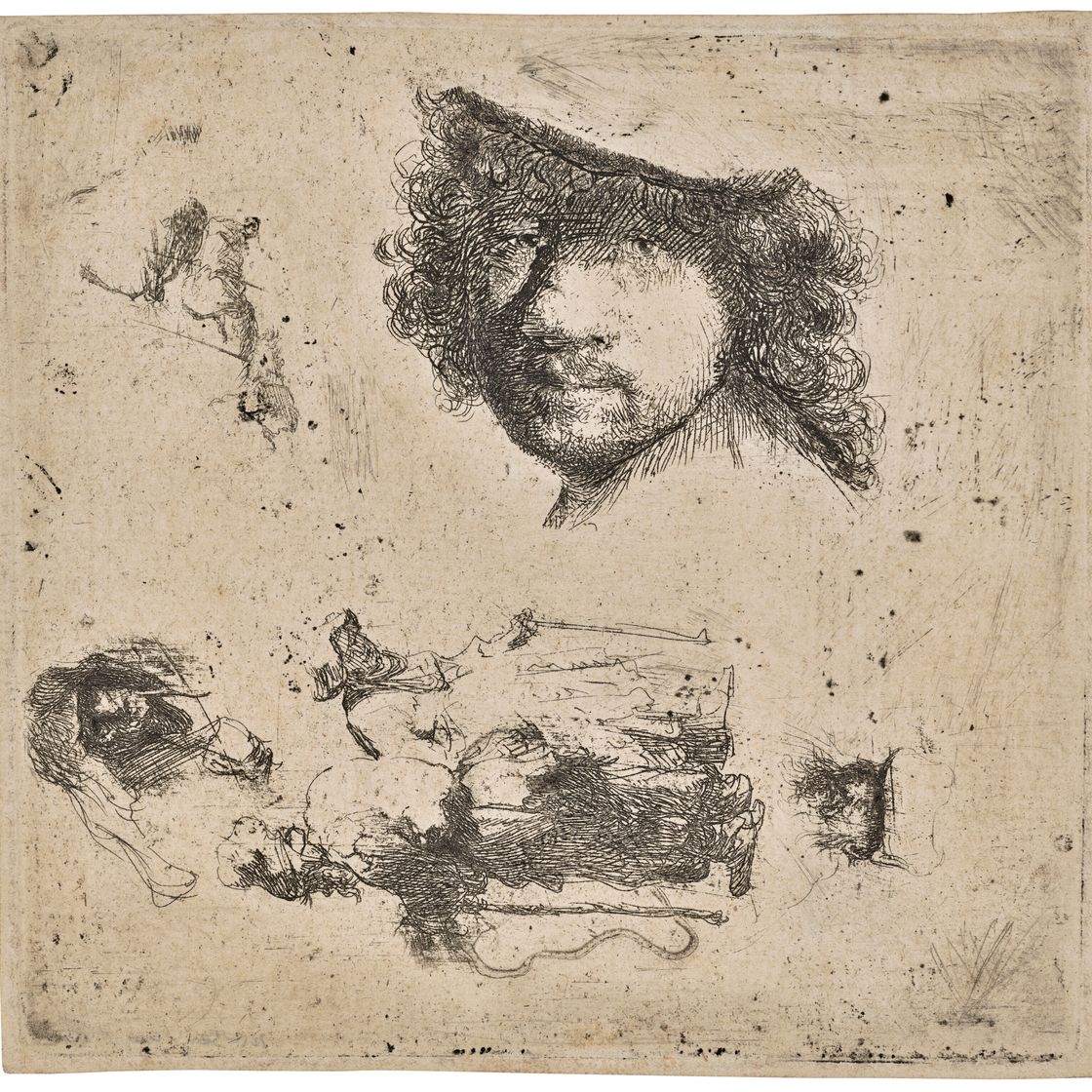 Rembrandt van Rijn — Лист с этюдами: Голова художника, пара нищих, головы Старика и старухи и т.д.