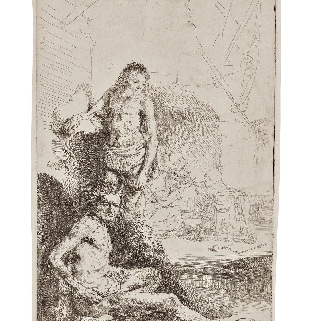Rembrandt van Rijn — Обнаженный мужчина, сидящий и стоящий ("Het Rolwagentje")
