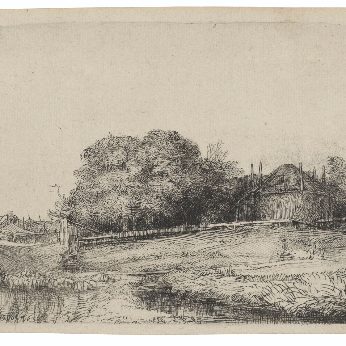 Rembrandt van Rijn — Пейзаж с сеновалом на Димердейке и стадом овец