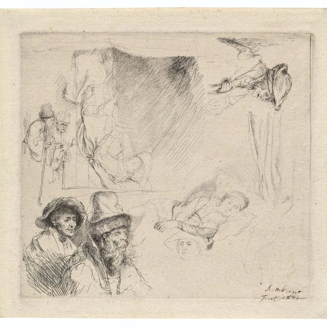 Rembrandt van Rijn — Лист с исследованиями, на котором изображена больная женщина, лежащая в постели