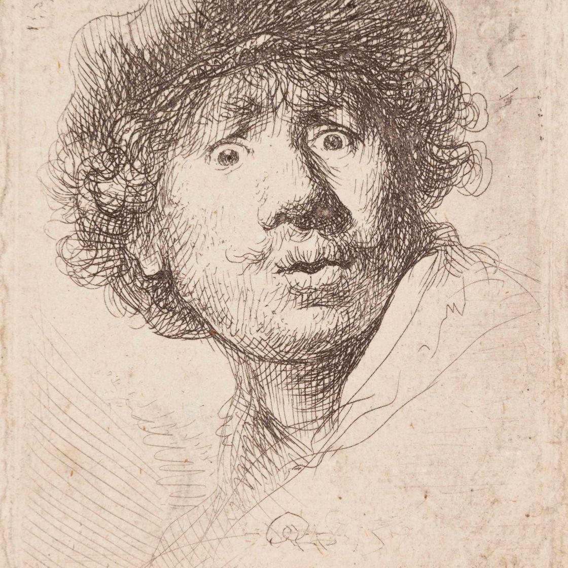 Rembrandt van Rijn — Автопортрет в кепке, с широко раскрытыми глазами и открытым ртом