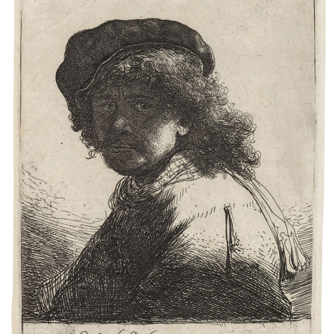 Rembrandt van Rijn — Автопортрет в шапке и шарфе с темным лицом: Бюст