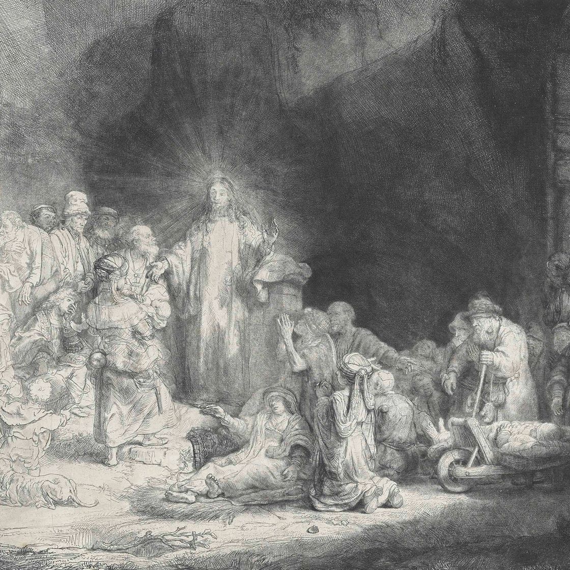 Rembrandt van Rijn — Христос, исцеляющий больных: "Гравюра за сто гульденов" (Б., Зал. 74; Н. 236; Новый зал. 239)