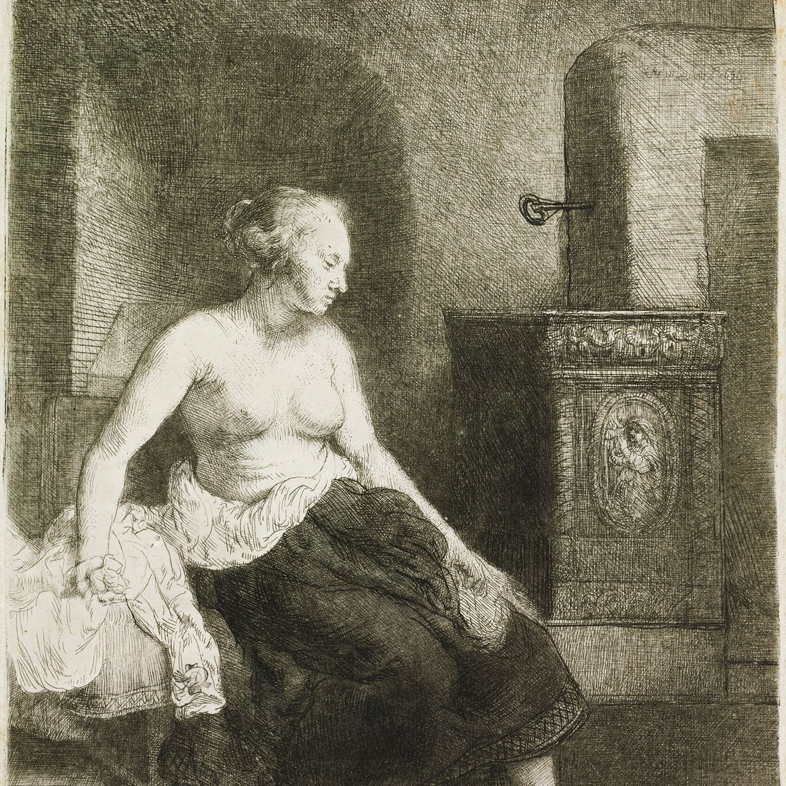 Rembrandt van Rijn — Полуодетая женщина сидит у плиты