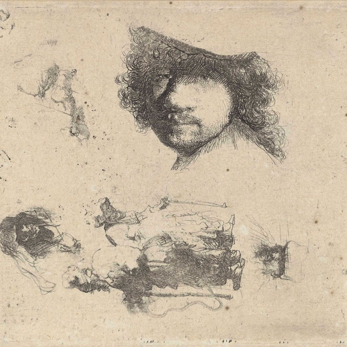 Rembrandt van Rijn — Лист с этюдами: Голова художника, пара нищих, головы старика и старухи