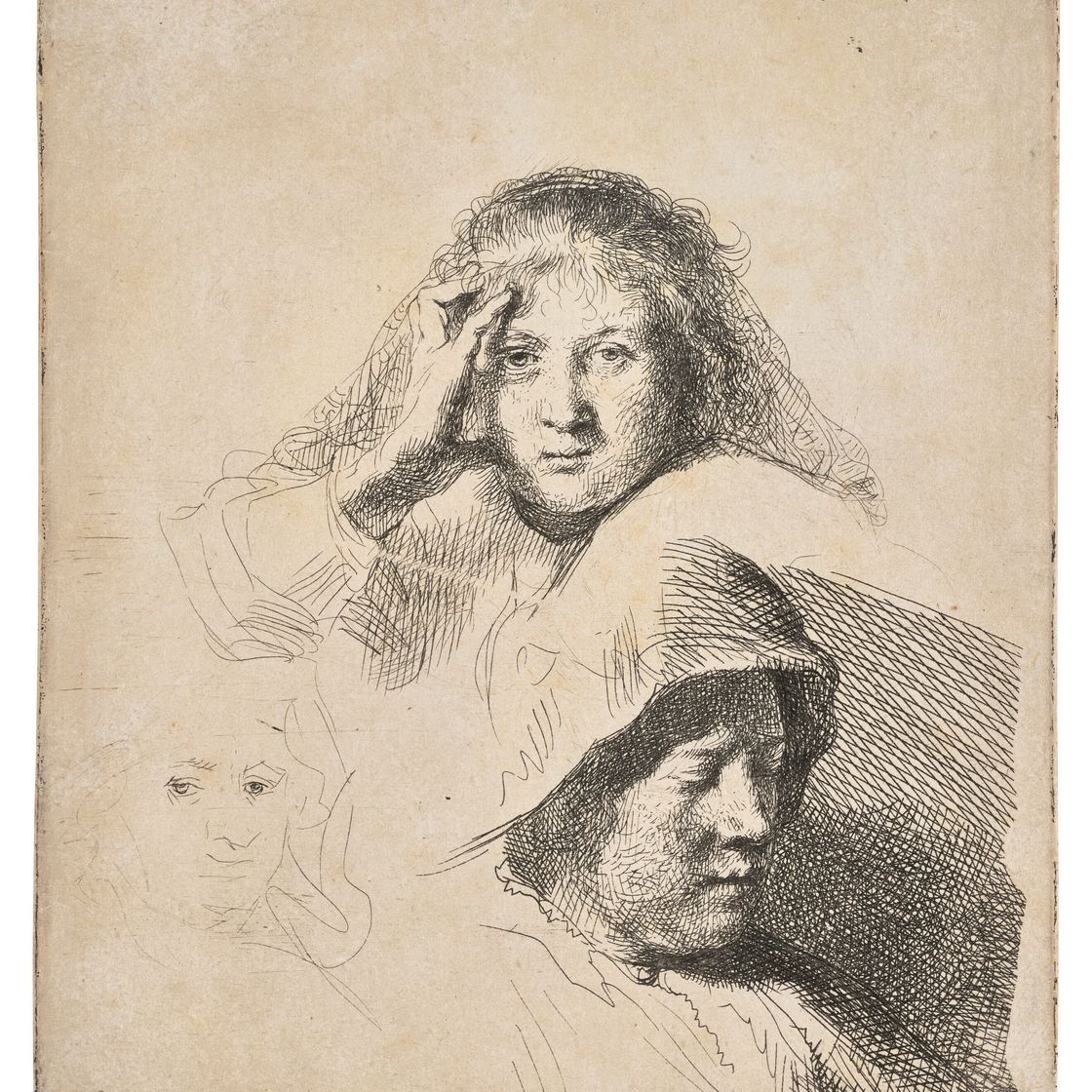 Rembrandt van Rijn — Три женские головы, одна слегка выгравирована