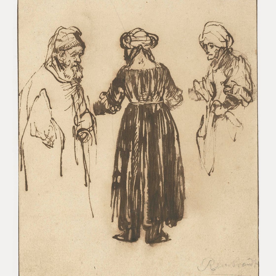 Rembrandt van Rijn — Рисунки бородатого мужчины и двух женщин