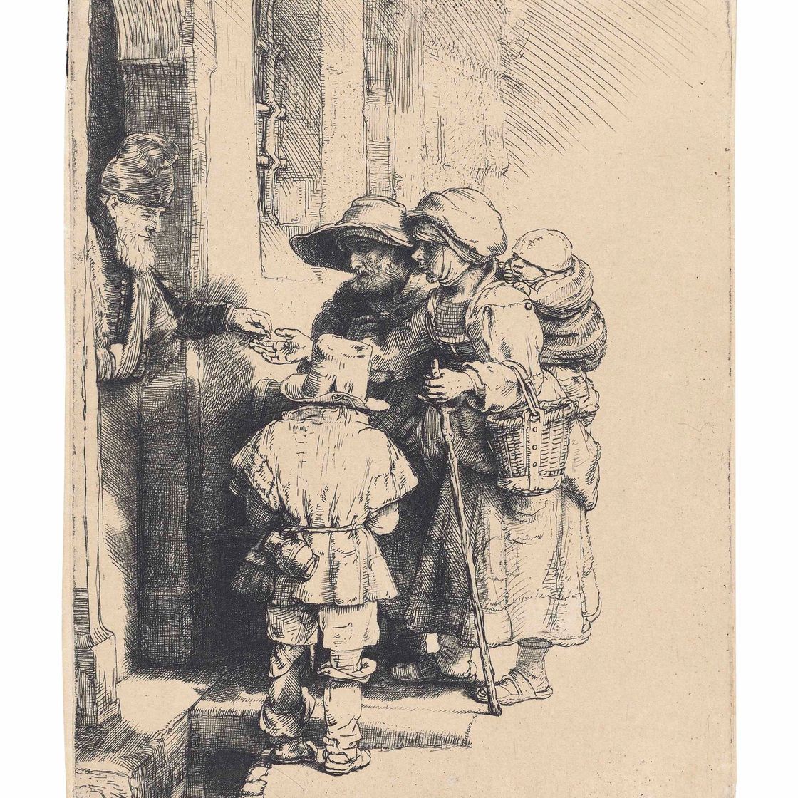 Rembrandt van Rijn — Слепой игрок на шарманке и семья, получающая милостыню
