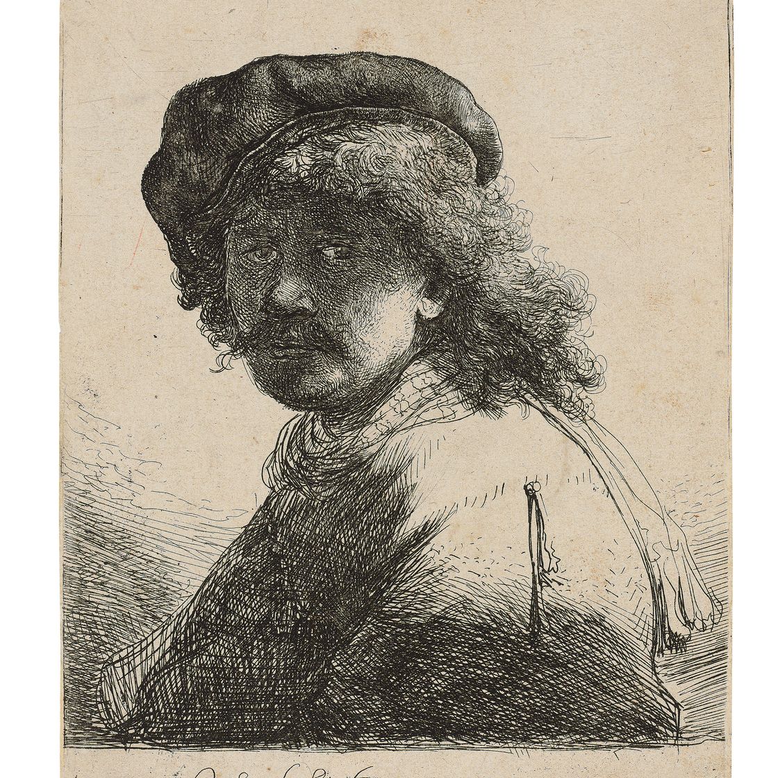 Rembrandt van Rijn — Автопортрет в шапке и шарфе с темным лицом: Бюст