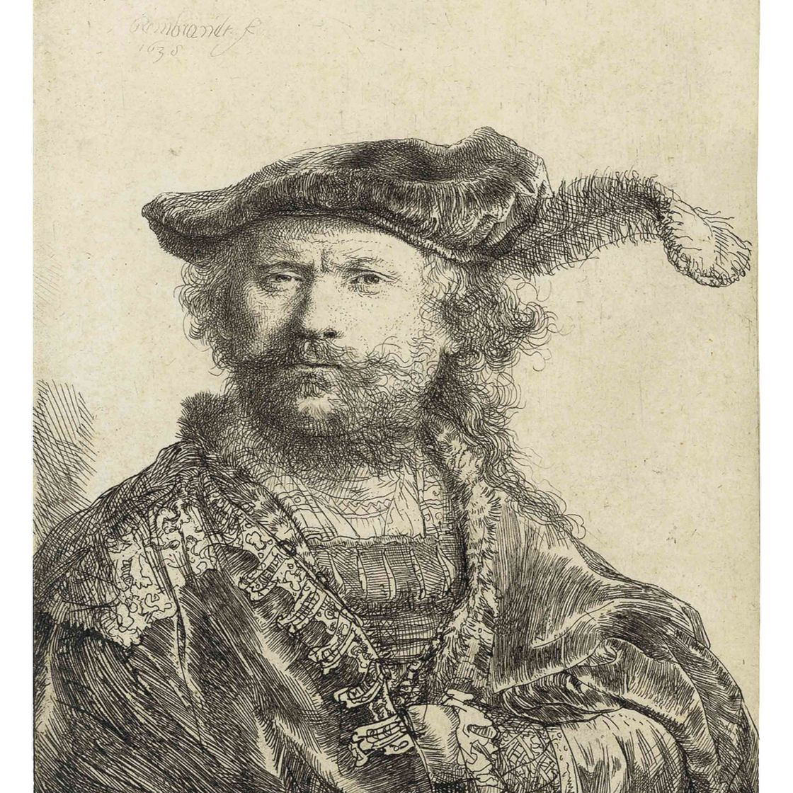 Rembrandt van Rijn — Автопортрет в шляпе с плюмажем (Б., Зал. 20; Задний план 156)