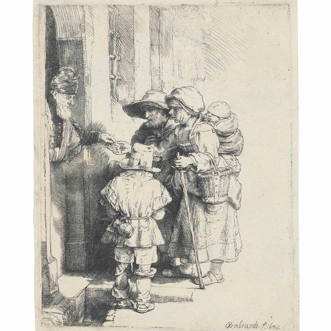 Rembrandt van Rijn — Слепой игрок на шарманке и семья, получающая милостыню