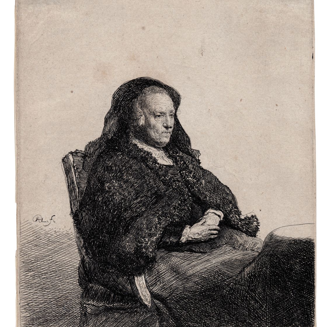 Rembrandt van Rijn — Мать художника сидит за столом, глядя направо: три четверти длины, изображение 1