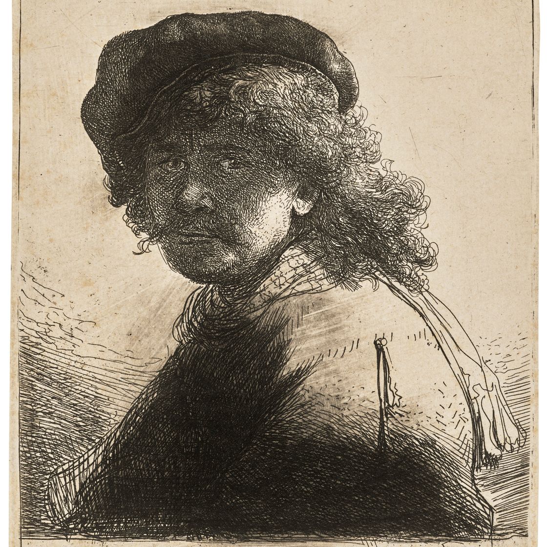Rembrandt van Rijn — Автопортрет в шапке и шарфе с темным лицом: Бюст