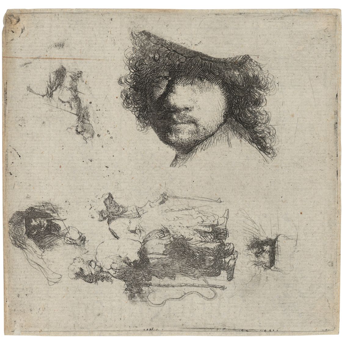 Rembrandt van Rijn — Лист с этюдами: Голова художника, пара нищих, головы Старика и старухи и т.д.