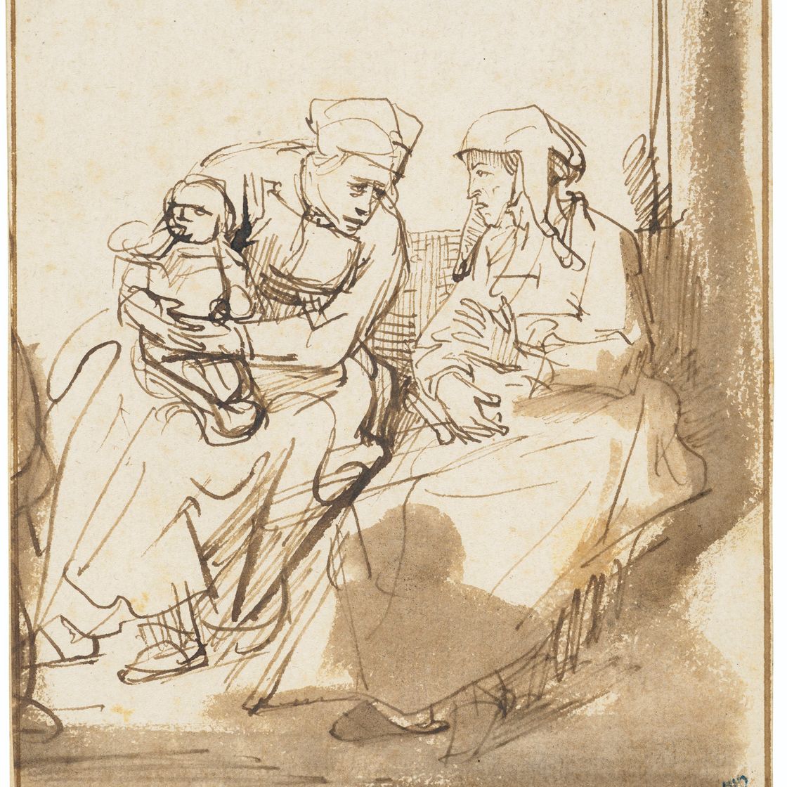 Rembrandt van Rijn — Две сидящие женщины, одна с ребенком на руках