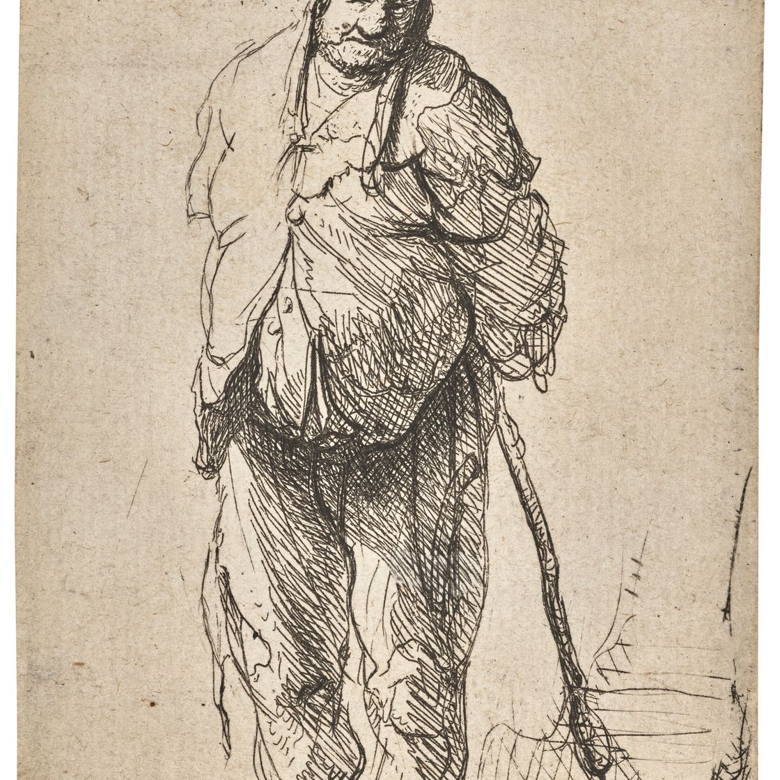 Rembrandt van Rijn — Крестьянин в лохмотьях, заложивший руки за спину и держащий палку