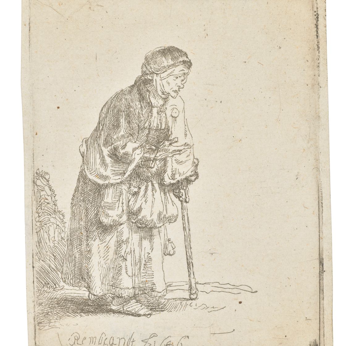 Rembrandt van Rijn — Нищая женщина, опирающаяся на палку
