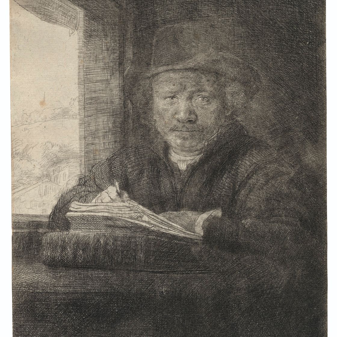 Rembrandt van Rijn — Гравюра с автопортретом у окна