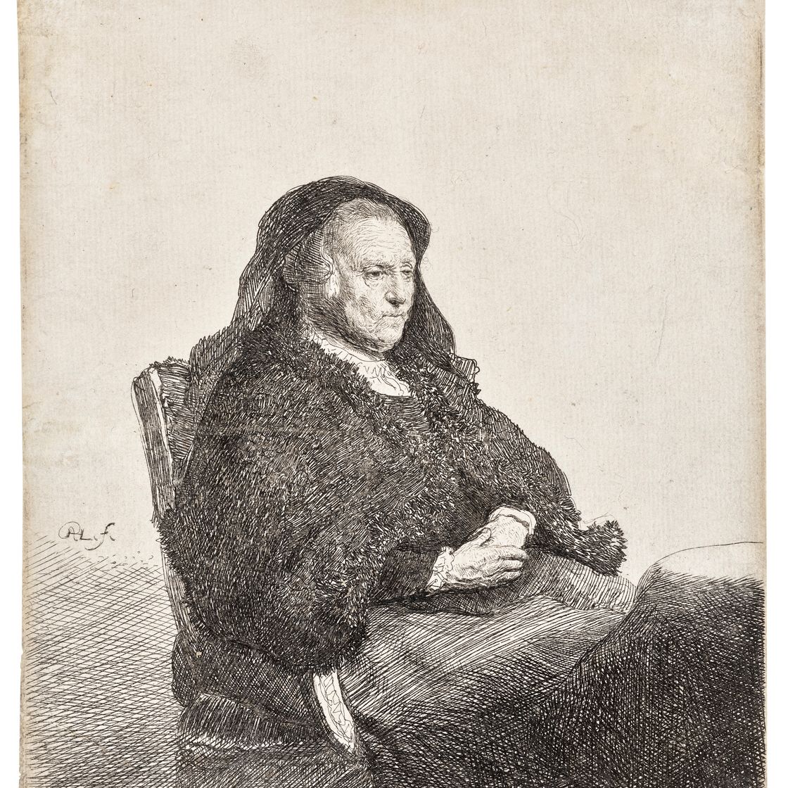 Rembrandt van Rijn — Мать художника сидит за столом, глядя направо: три четверти длины