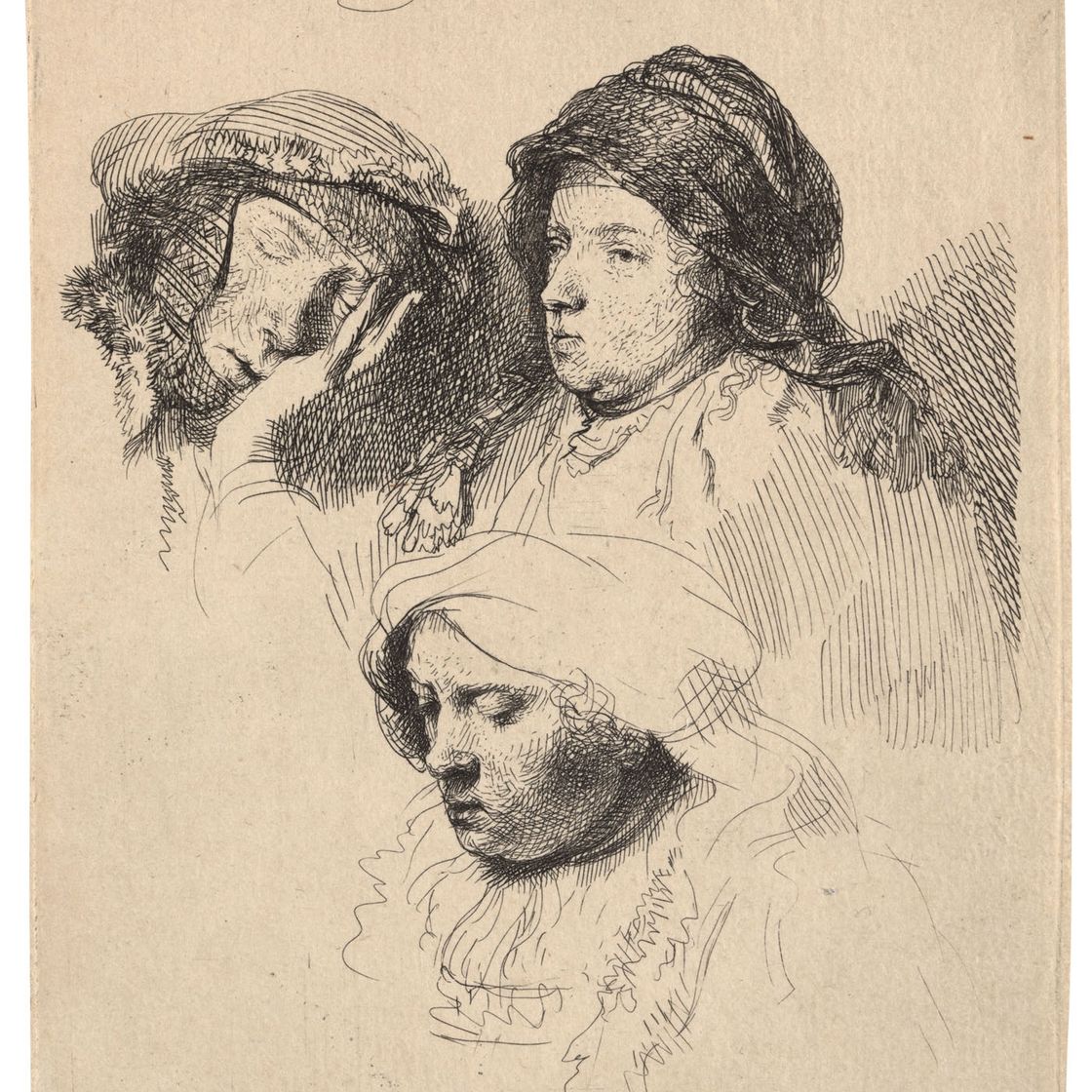 Rembrandt van Rijn — Три женские головы, одна спящая