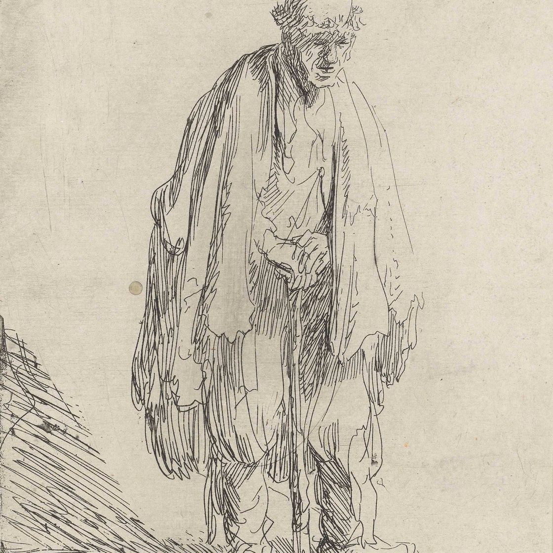 Rembrandt van Rijn — Нищий в высокой шапке, стоящий, опираясь на палку