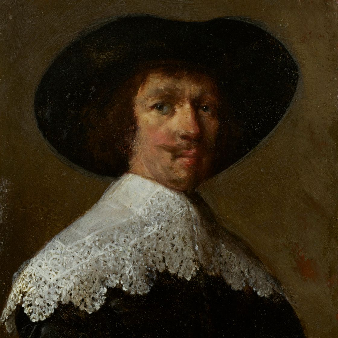 Rembrandt van Rijn — Портрет джентльмена во весь рост, в черном пальто с кружевным воротником и черной шляпе, изображение 1