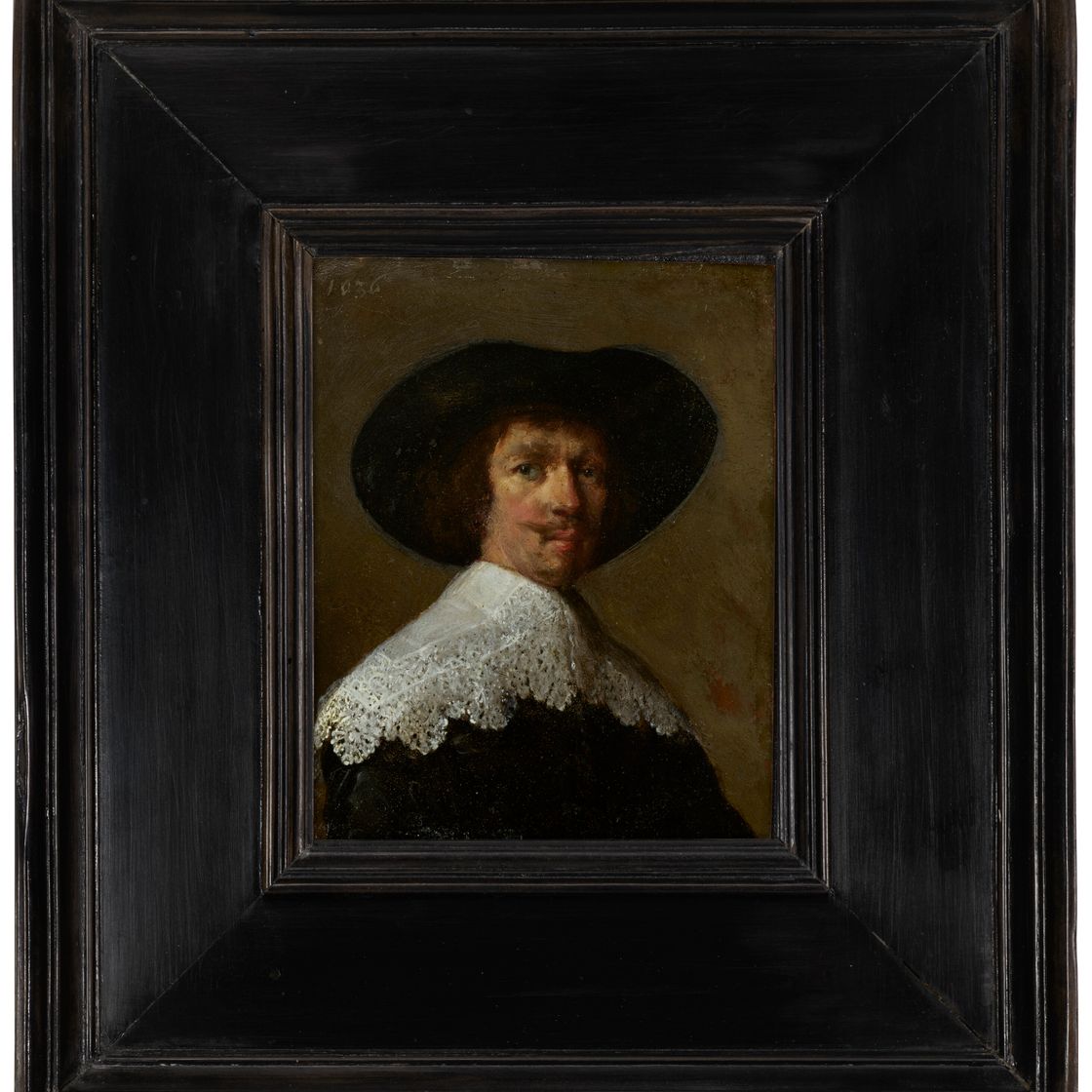 Rembrandt van Rijn — Портрет джентльмена во весь рост, в черном пальто с кружевным воротником и черной шляпе, изображение 2