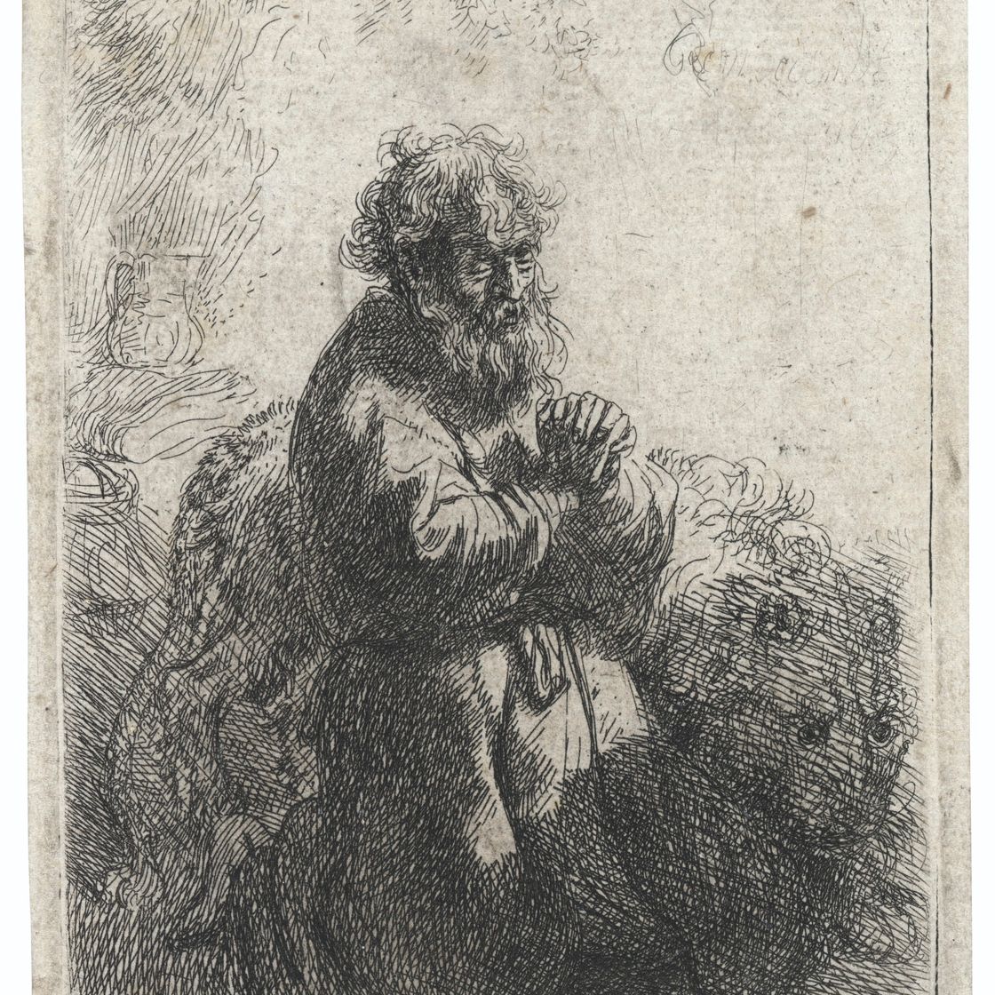 Rembrandt van Rijn — Святой Иероним, преклонивший колени в молитве, смотрит вниз, изображение 1
