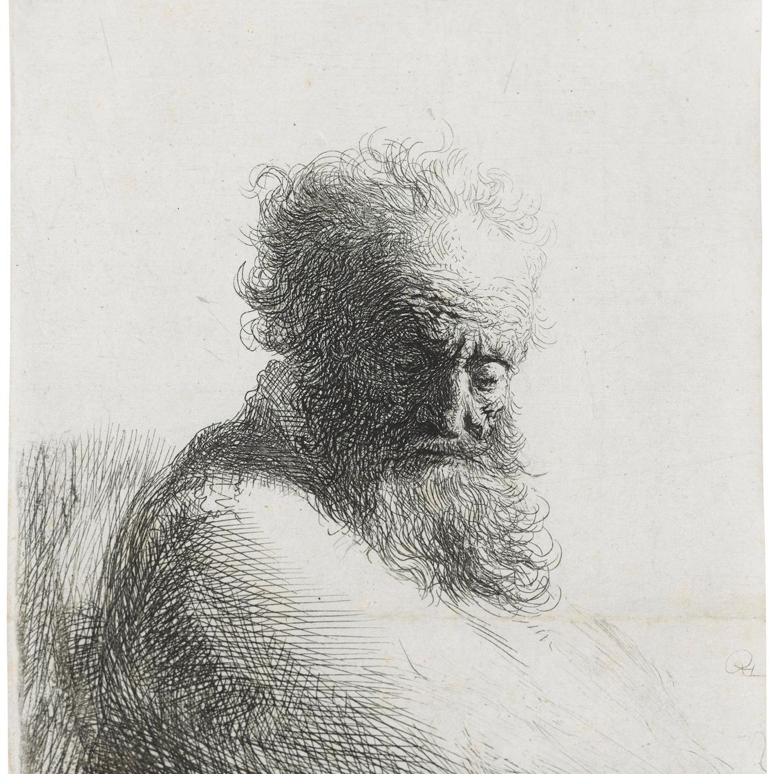 Rembrandt van Rijn — Бюст старого бородатого мужчины, смотрящего вниз, на три четверти вправо