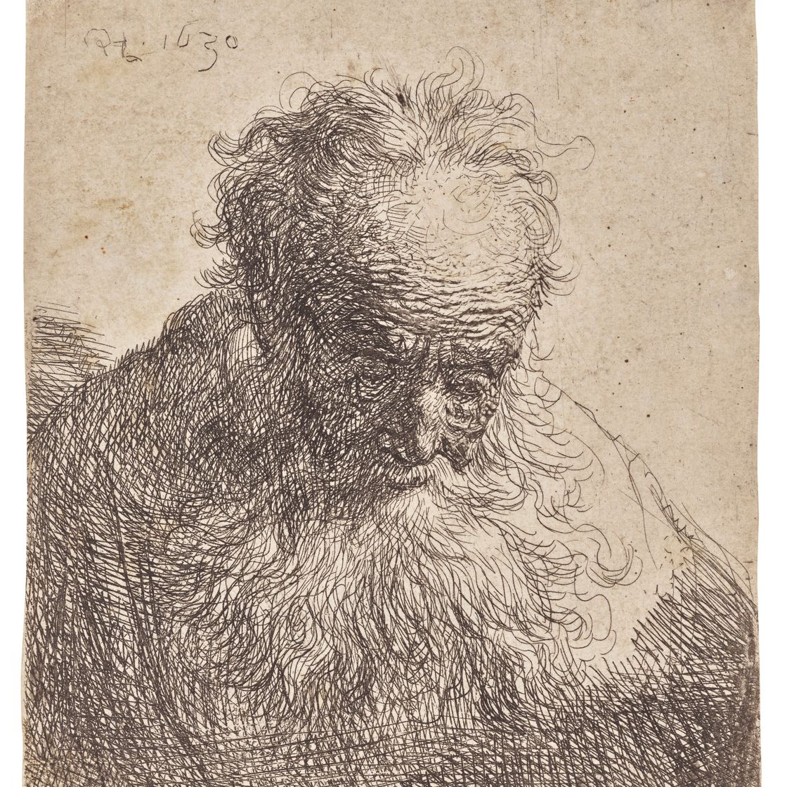 Rembrandt van Rijn — Бюст старика с развевающейся бородой: голова наклонена вперед, левое плечо не прикрыто