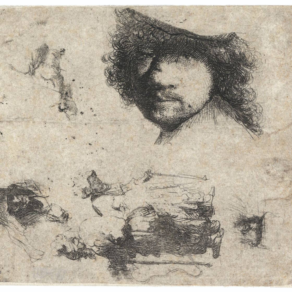Rembrandt van Rijn — Лист с этюдами: Голова художника, пара нищих, головы Старика и старухи и т.д.