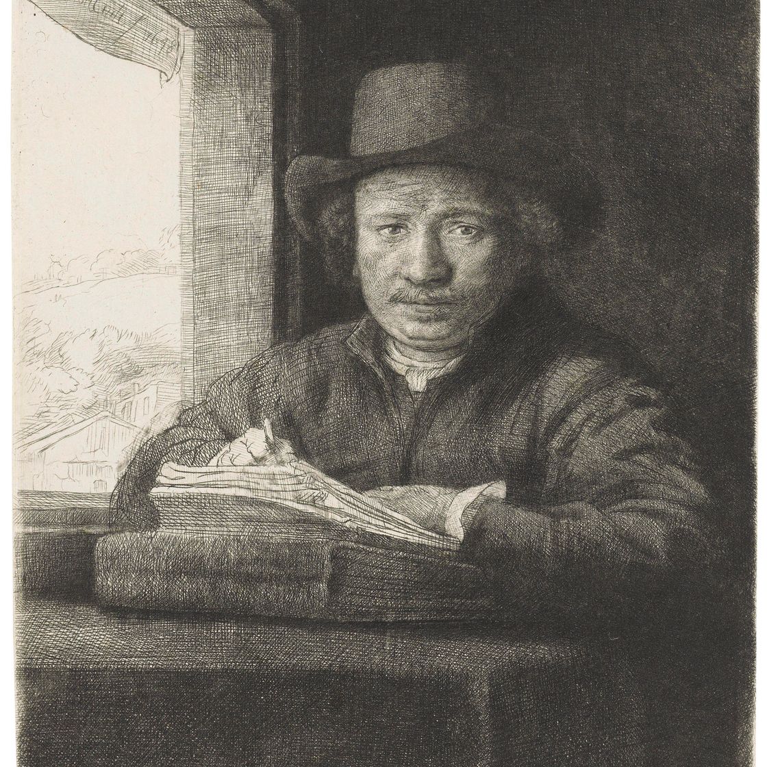 Rembrandt van Rijn — Гравюра с автопортретом у окна