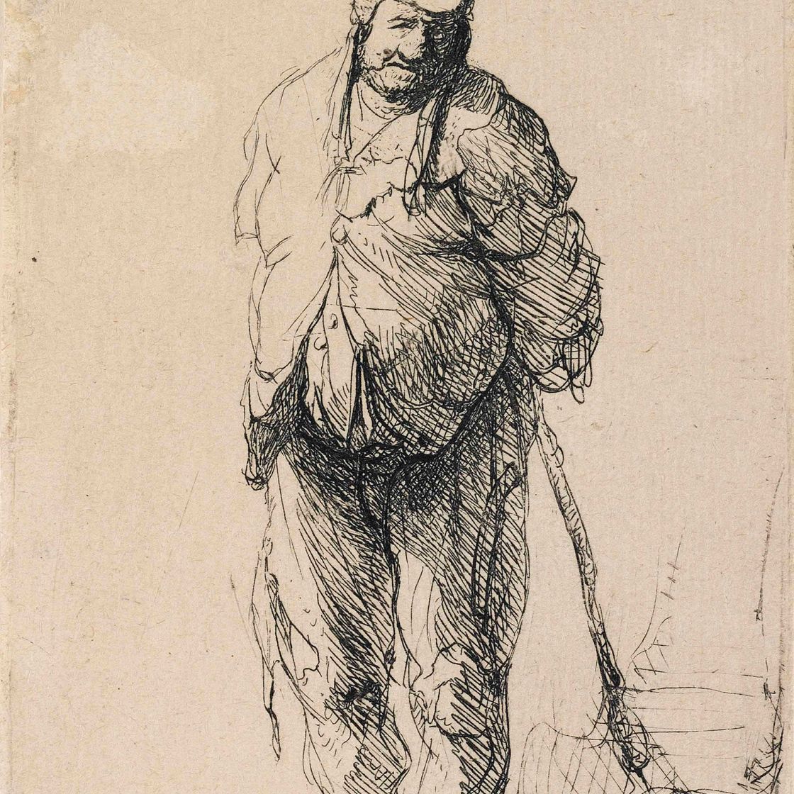 Rembrandt van Rijn — Крестьянин в лохмотьях, заложивший руки за спину и держащий палку (Б., Зал. 172; Ч. 16)