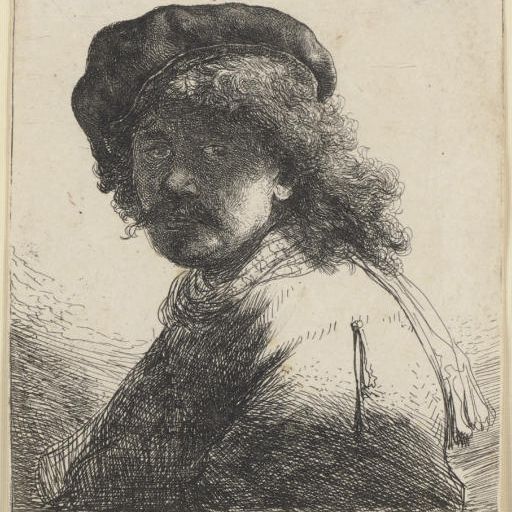 Rembrandt van Rijn — Автопортрет в кепке и шарфе с темным лицом: Бюст (В., Зал. 17; H. 108)