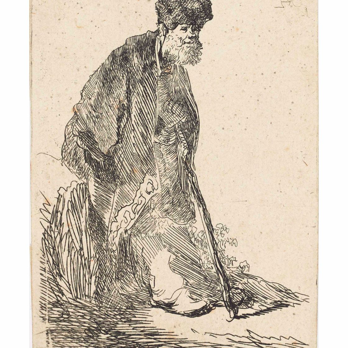Rembrandt van Rijn — Мужчина в пальто и меховой шапке, прислонившийся к берегу